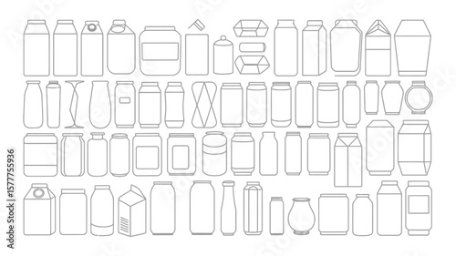 Set of different outline containers like bottles cans jars and packets on white