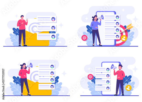 Set of email marketing campaign flat illustrations, Online business strategy, Advertising, Email newsletter, messaging, Marketing concept for landing page, web banner, social media, infographic