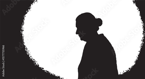 Vector art of elderly womans silhouette in profile against a bright, textured circle isolated on transparent background