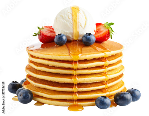 Stacked Pancakes with Vanilla Ice Cream and Berry Toppings, Front Angle, Dripping Syrup, Isolated on Transparent Background”