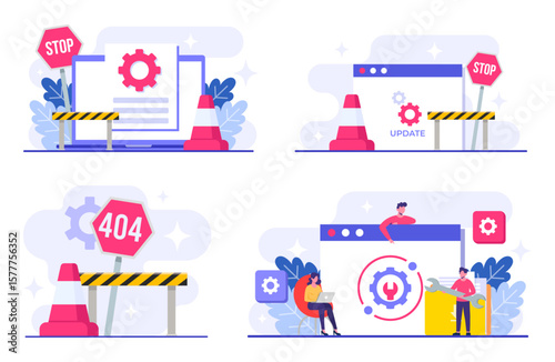 System maintenance, Error, Fixing trouble, Device updating, Software system under maintenance vector illustration, Software upgrade process on devices, System update, People update operation system
