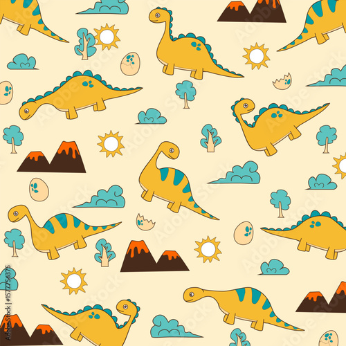 yellow dinosaur brontosaurus cute cartoon seamless pattern design for kids apparel fullprint fabric