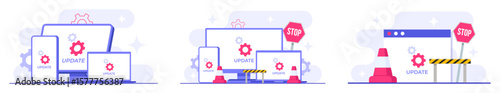 System maintenance, Error, Fixing trouble, Device updating, Software system under maintenance vector illustration, Software upgrade process on devices, System update, People update operation system