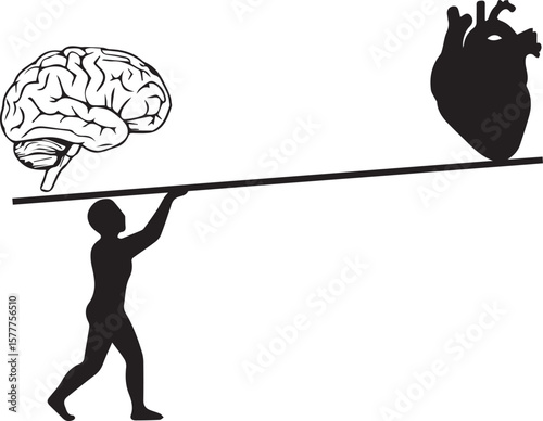 Vector art of person holding a scale with mind and heart, showing imbalance isolated on transparent background