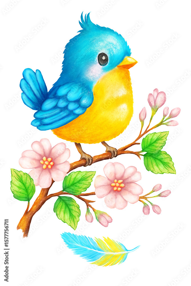 Fototapeta premium A cute cartoon bird sits on a flowering branch, surrounded by delicate pink flowers and green leaves, with a colorful feather next to it. The picture is made with pastel pencils