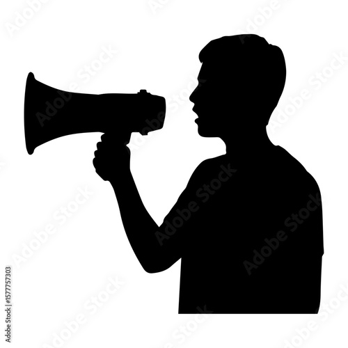 Vector art of a man in silhouette speaks into a megaphone, isolated on white isolated on transparent background