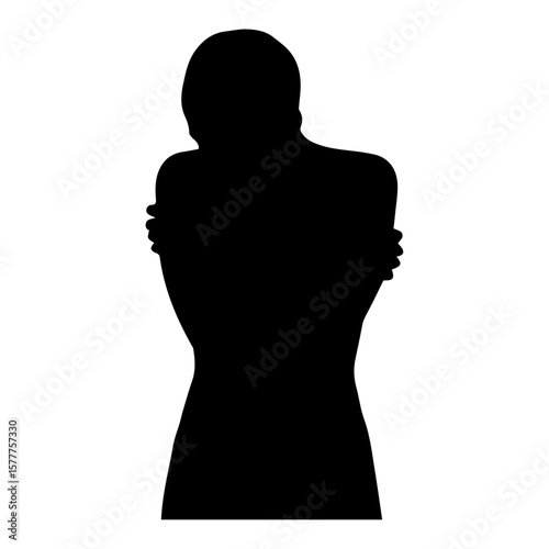 Vector art of silhouette of a person hugging themselves tightly isolated on transparent background