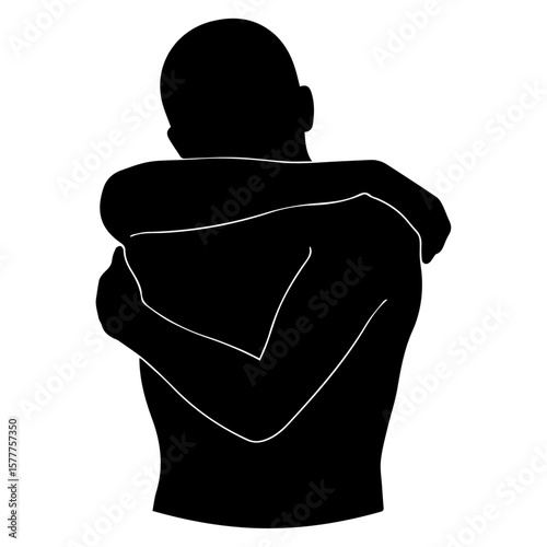 Vector art of silhouette of a person hugging themselves in selflove and comfort isolated on transparent background