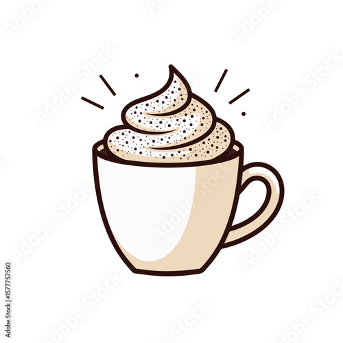 Cup of coffee with frothy cream topping, minimalist design, warm colors, beverage concept
