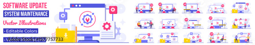 System maintenance, Error, Fixing trouble, Device updating, Software system under maintenance vector illustration, Software upgrade process on devices, System update, People update operation system