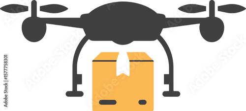 Drone delivering a package; aerial transportation of goods.