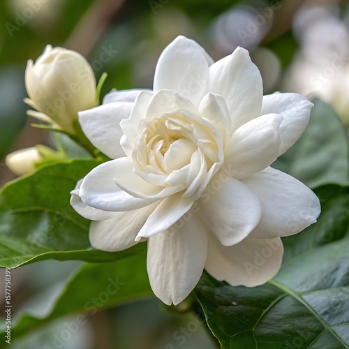 White blooming jasmine flowerin in a garden with blurred green background