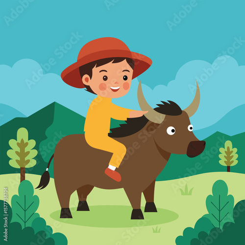 Colorful vector of a child joyfully riding a buffalo in an open village field, rural life and traditional farming scene illustration, child-riding-a-buffalo-in-the-open-field, village-boy-on-buffalo