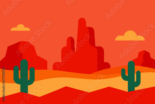 Arid Desert Scene with Red Rocks and Cactus Vector Art