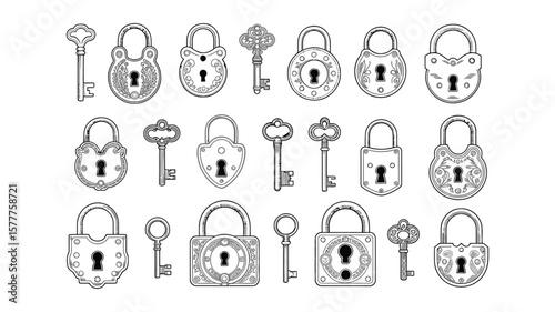 Vintage Keys And Padlocks Collection, Hand Drawn Style, Security Items, Outline Design