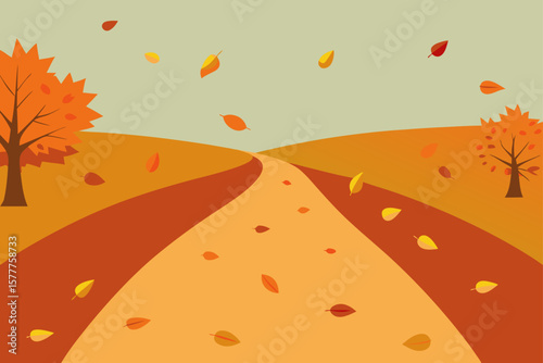 Autumn Pathway with Colorful Falling Leaves Vector Design
