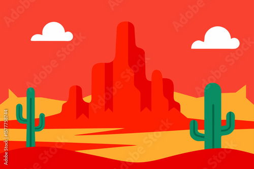 Cactus and Red Rock Desert Landscape Illustration