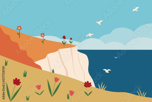 Ocean Cliff Landscape with Flowers and Birds Vector