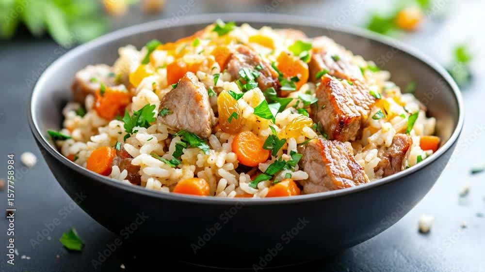 Hearty Meal Bowl: A delectable culinary creation, featuring a generous portion of seasoned rice, tender chunks of savory meat, and a colorful assortment of fresh vegetables. Hearty Meal Bowl: A delectable culinary creation, featuring a generous portion of seasoned rice, tender chunks of savory meat, and a colorful assortment of fresh vegetables.