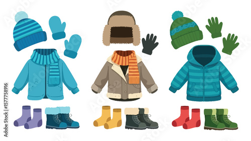 Winter Clothes Cartoon Set With Hats, Coats, Boots, Scarves, Gloves and Socks