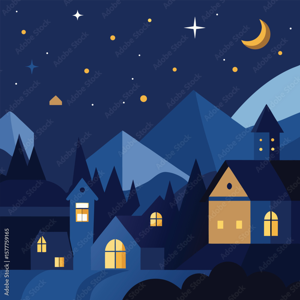 Naklejka premium Peaceful Night Village with Starry Sky and Glowing Windows, Night Village Scene, Starry Sky Illustration, Moonlit Mountain Town
