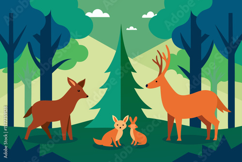 Forest with Animals Fox Rabbit and Deer