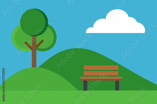 Green Hill with a Wooden Bench Under Tree
