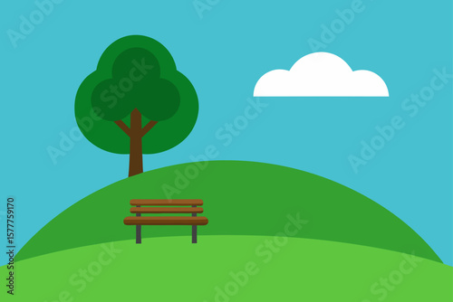 Green Hill with a Wooden Bench Under Tree