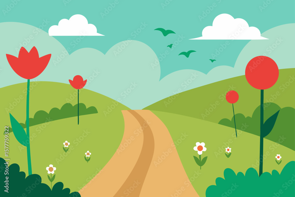 Naklejka premium Meadow Path with Tall Flowers and Birds Vector