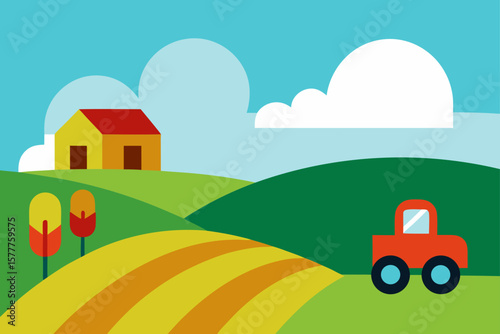 Rolling Farmland With Tractors And Barns