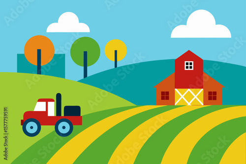 Rolling Farmland With Tractors And Barns