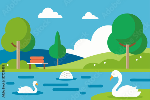 Scenic Park With Lake And Swan Family
