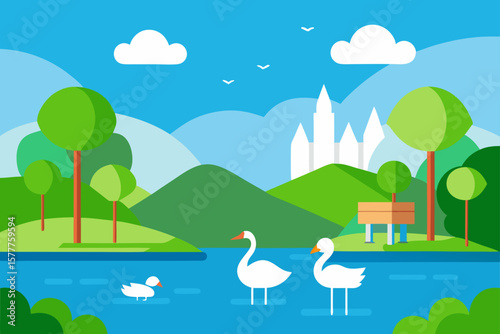 Scenic Park With Lake And Swan Family