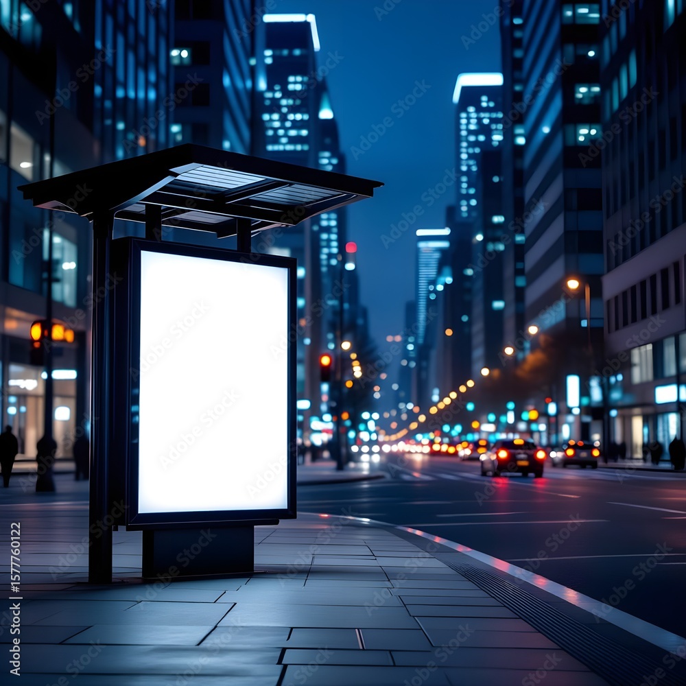 Ultra realistic photo of a bus stop at night, with a blank illuminated billboard, tall buildings in the background, cinematic lighting Ultra realistic photo of a bus stop at night, with a blank illuminated billboard, tall buildings in the background, cinematic lighting