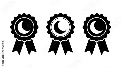 Vector art of three black moon award badges with ribbons are isolated on white background