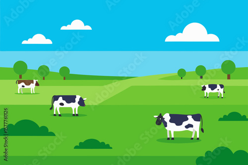Wide Grass Field With Grazing Cows