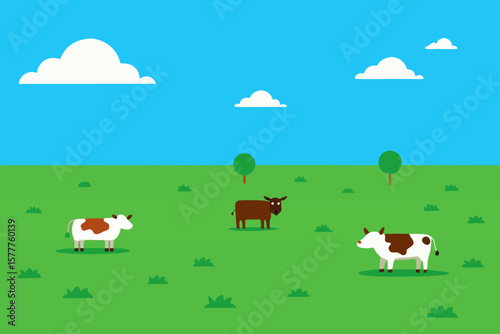 Wide Grass Field With Grazing Cows