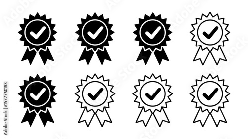 Vector art of a collection of check mark badge icons with ribbons isolated on white background