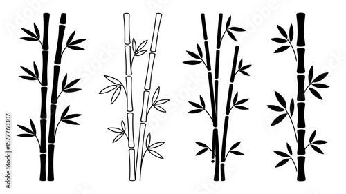 Vector art of four bamboo stalks with leaves are isolated on white background, creating a simple and elegant design