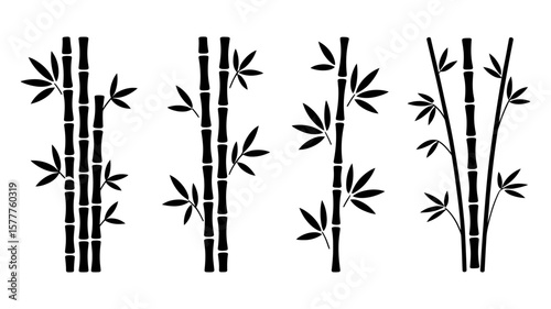 Vector art of four bamboo stalks with leaves are isolated on white background, creating a natural and minimalist design
