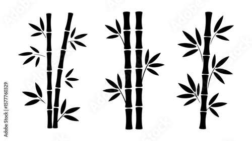 Vector art of three bamboo stalks with leaves are isolated on white background, offering a simple and elegant botanical design