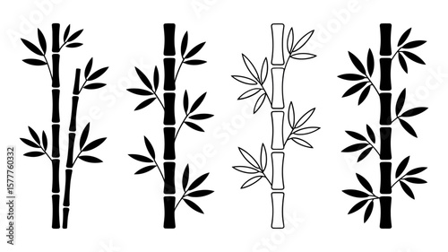 Vector art of four bamboo stalks with leaves are isolated on white background, showcasing a blend of solid and outlined designs