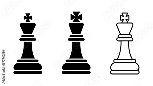 Vector art of three chess king pieces are displayed in black and white isolated on white background