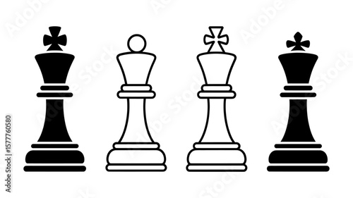 Vector art of black and white chess pieces including kings and queens are displayed isolated on white background