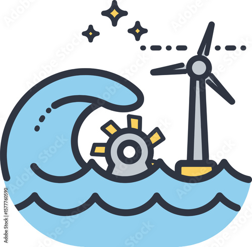 Illustration of a wave, a water wheel, and a wind turbine, symbolizing renewable energy sources.
