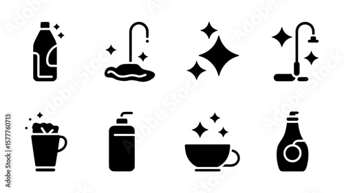 Vector art of collection of cleaning and hygiene icons, including bottles, faucets, stars, showers, and cups isolated on white background