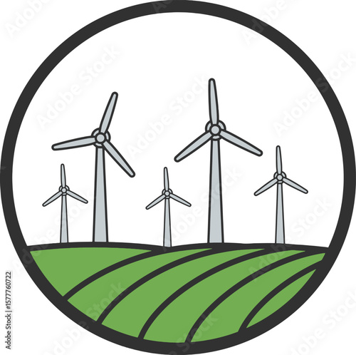 Wind turbines stand on a green field, enclosed within a circular frame, symbolizing renewable energy.