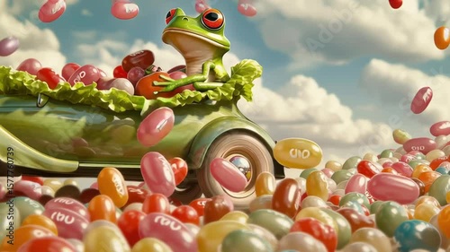 A whimsical journey with a frog driving a vintage car through a candy land landscape