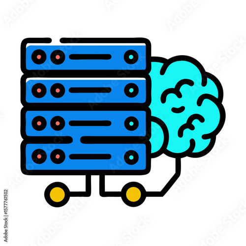 Server with AI brain illustration featuring data storage and a brain in blue and turquoise colors on white background