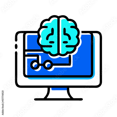 Smart computer with AI brain illustration in blue and turquoise colors on white background